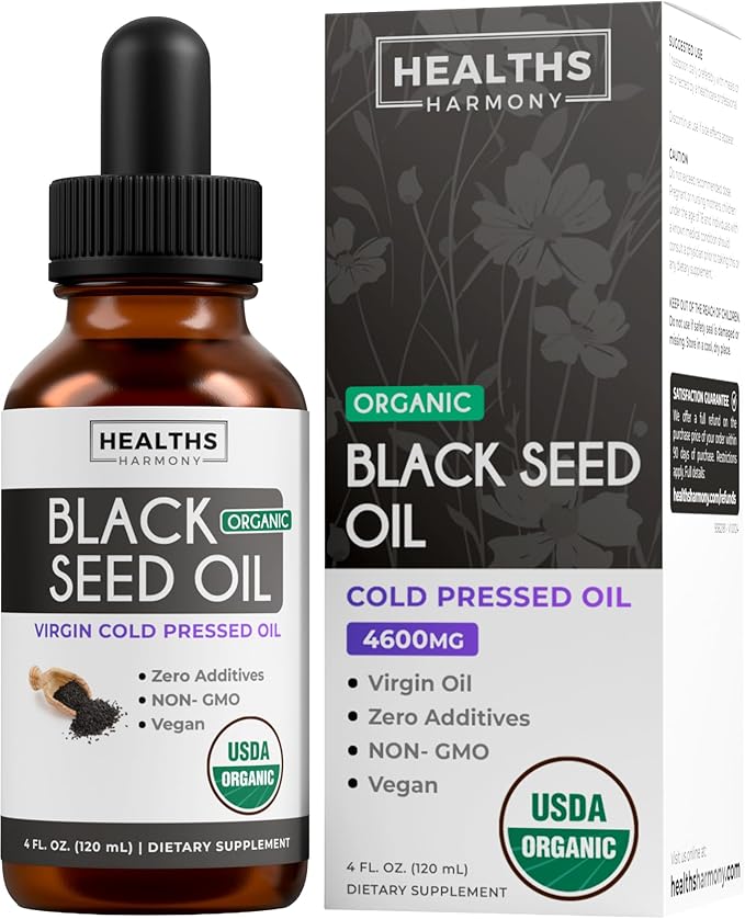 USDA Organic Black Seed Oil Liquid (4 fl oz) Premium Cold-Pressed Nigella Sativa Producing Pure Black Cumin Seed Oil - Antioxidant Supplement - Vegan, Gluten-Free, & Non-GMO (No Pills or Capsules)
