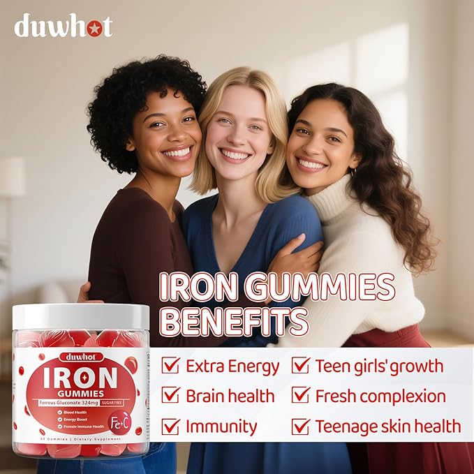 Iron Gummies for Women Teen Girls, Ferrous Gluconate 324 mg with Vitamin C, Iron Supplement Plus Vitamin A, B, Folate, Copper, Zinc, Energy & Blood Support, Immune Health, Sugar Free 60 Gummies