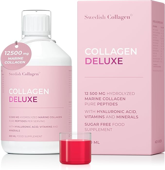Swedish Collagen Deluxe | 12,500 mg Hydrolyzed Marine Collagen Liquid Supplement - 500 ml, 20 Day Supply | Hyaluronic Acid, Biotin and Vitamin C for Healthy Hair, Skin, Nails and Joints | Sugar-Free