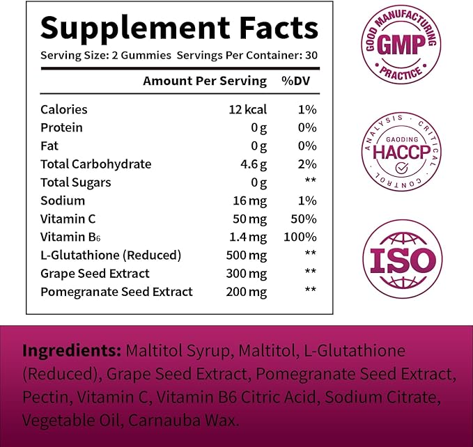Glutathione Gummies with Collagen 500mg Vitamin C & B6 Skin Glow Hair & Nail Support Anti-Aging Antioxidant Sugar-Free Non-GMO Strawberry Flavor 60 Gummies (60 Count (Pack of 1))