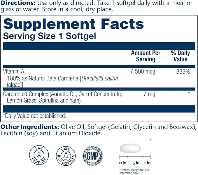 SOLARAY Food Carotene 7500mcg (25000 IU) - Beta Carotene Vitamin A Supplement - Wellness and Immune Support Supplement, Potent Eye Vitamins and Skin Food, Plant Sourced, 60-Day Guarantee, 200 Softgels
