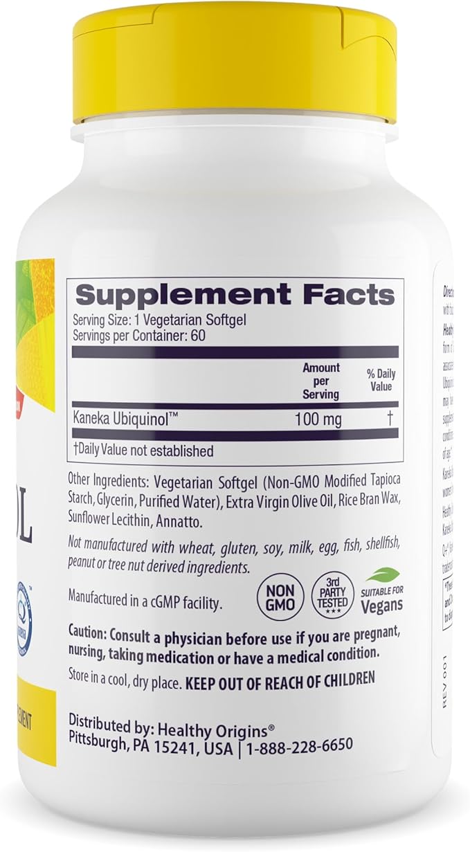 Healthy Origins Vegan Ubiquinol (Active Form of CoQ10), 100 mg - Kaneka Ubiquinol Supplements for Heart Health & Antioxidant Support - Gluten-Free & Non-GMO Supplement - 60 Veggie Gels