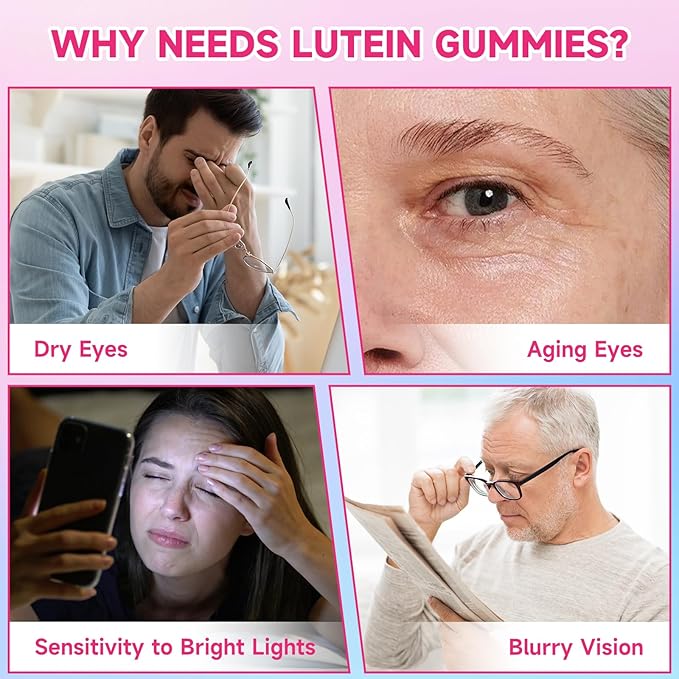 Lutein and Zeaxanthin Supplements, Lutein Gummies with Zeaxanthin,Vitamins A, C, E, Bilberry, Astaxanthin for Vision Health & Eye Strain, Sugar-Free/Vegan, Raspberry Flavor 60 Count