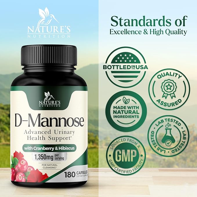 D-Mannose 1000mg Per Serving - Cranberry & Hibiscus - Effective Fast-Acting, Flush The Impurities for Bladder, Urinary Tract Health Support Supplement, for Women and Men, USA Bottled - 180 Capsules