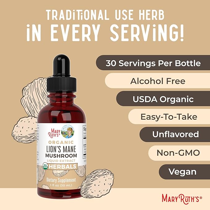 MaryRuth Organics Lions Mane Mushroom Supplement, Up to 1 Month Supply, Nootropic USDA Organic Lions Mane Extract Nervine Herbal Liquid Drops, Brain Health Non-GMO Vegan Alcohol Free Tincture, 1 Fl Oz