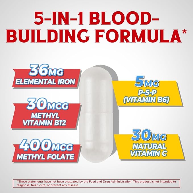 Iron Supplement for Women & Men, with Vitamins C, B6, B12 & Folate for Iron Deficiency, Blood Building & Energy Support, Stomach Friendly, Better Absorption, Non-GMO,No Gluten,120 Vegan Caps