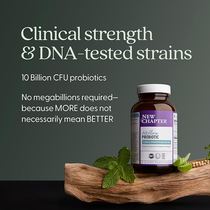 New Chapter All-Flora Probiotic for Advanced Digestion & Complete Gut Health with Prebiotics + Postbiotics, Clinical-Strength Strains, 100% Vegetarian, Non-GMO, Shelf Stable - 30 ct (1 Month Supply)
