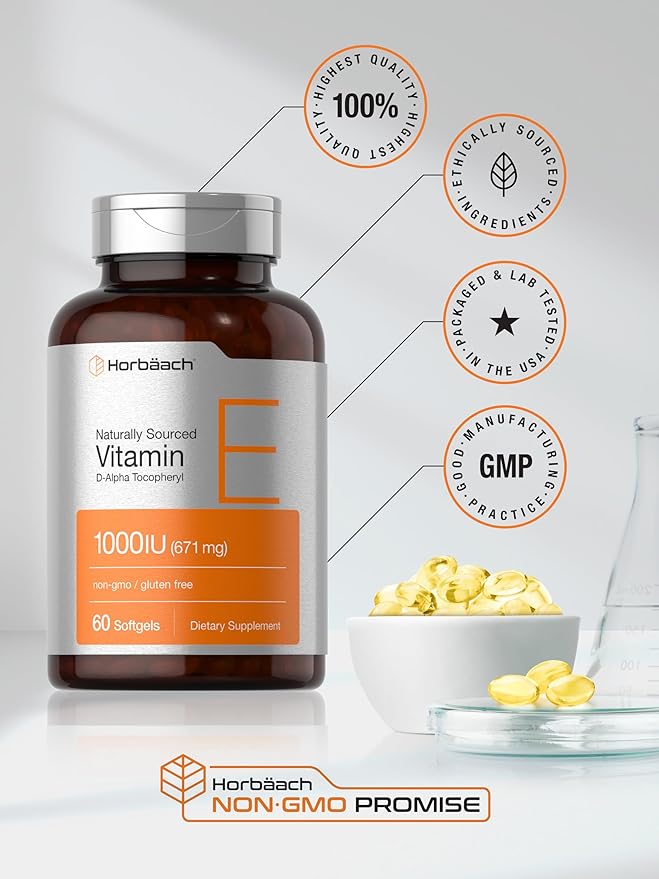 Horbäach Vitamin E 1000 iu Softgels | 671mg | 60 Count | Non-GMO and Gluten Free Naturally-Sourced Formula | D-Alpha Tocopherol