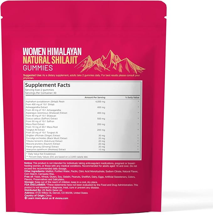 VivoNu Himalayan* Shilajit* Gummies with Ashwagandha* & Gokshura | 85+ Trace Minerals & Fulvic Acid | Organic, Micronutrient Supplement for Men & Women (Women 4000mg / 2 Bag)