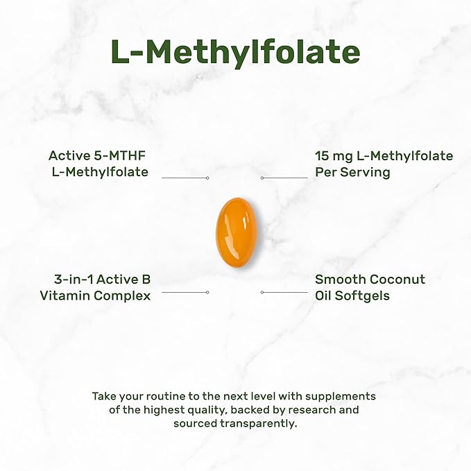 DEAL SUPPLEMENT L-Methylfolate 15 mg Per Serving, 120 Coconut Oil Softgels | 3-in-1 with Active 5-MTHF Methylated Vitamin B9, B6 & Methylated B12 | Active Folate Supplement | Non-GMO, Gluten Free