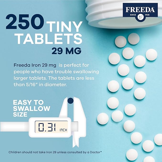 FREEDA 29 mg Gentle Iron Supplement for Women & Men from Ferrous Fumarate – Stomach Friendly Low Iron Pills for Energy & Red Blood Cell Booster Support, Easy-to-Swallow Tablets, Kosher, GF (250 Count)