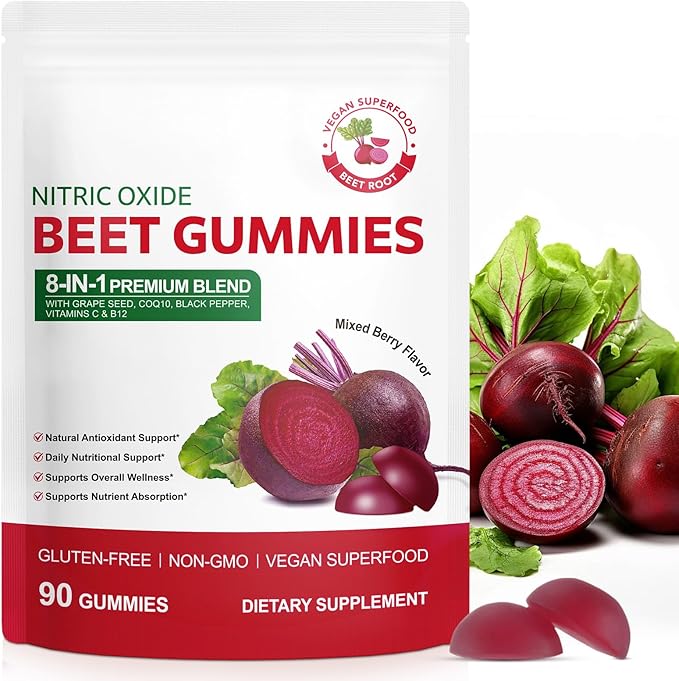 Beet Root Gummies | with CoQ10 + Grape Seed Extract | High-Potency Beet Root Concentrate | Supports Heart Health & Nitric Oxide Production | Sugar-Free | 90 Count