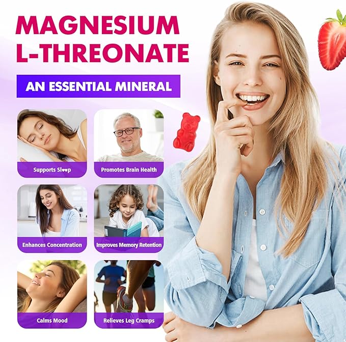 1000mg Magnesium L-Threonate Gummies for Kids & Adults - Muscle & Nervous System Support, Vegan, Sugar-Free Strawberry Flavor, 120 Gummies