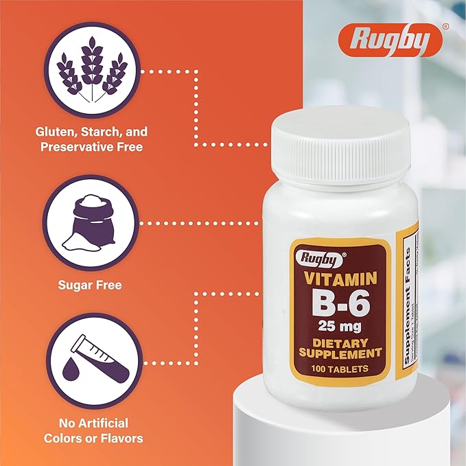 Rugby Vitamin B-6 Tablets - 25mg of Vitamin B6 - Dietary Supplement - 100 Count (2 Pack)