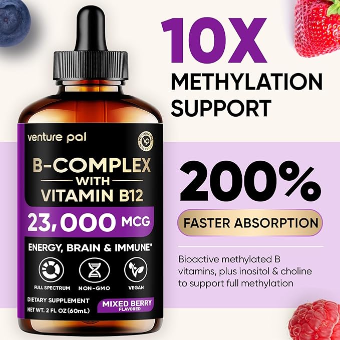 Venture Pal Vitamin B Complex Liquid Drops, B12 Methylcobalamin | B9 Folic | B1,B2,B3,B5,B6,B16 - Vitamin C, Choline, Inositol, Immune & Energy Metabolism, Brain & Heart Support
