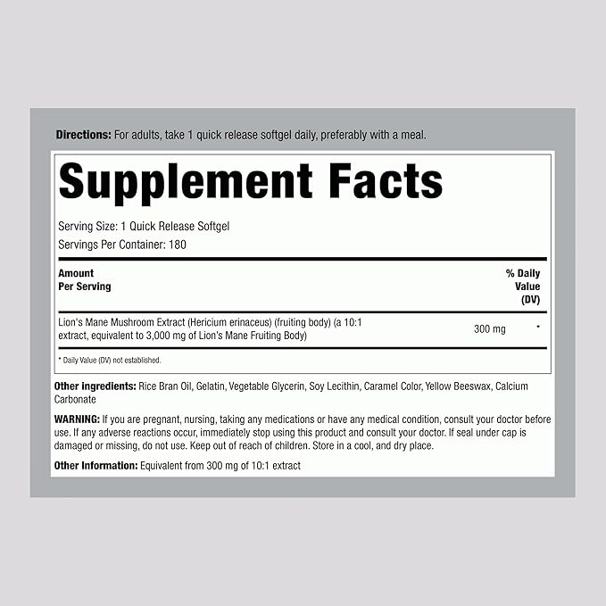 Piping Rock Lions Mane Supplement | 180 Softgel Capsules | Mushroom Fruiting Body Extract | Non-GMO, Gluten Free