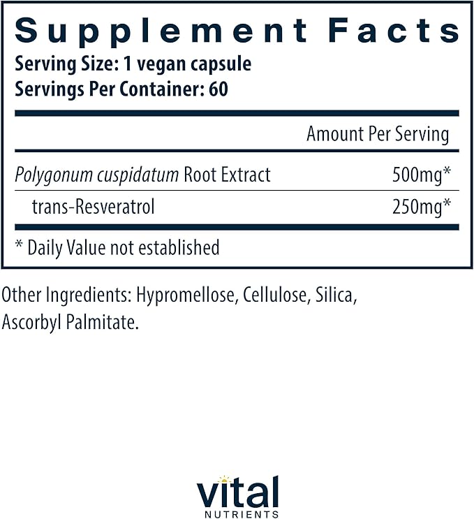 Vital Nutrients Resveratrol - Ultra High Potency Antioxidant - Trans Resveratrol for Cardiovascular and Cell Health Support* - Vegan Supplement - Gluten, Dairy and Soy Free - Non-GMO - 60 Capsules