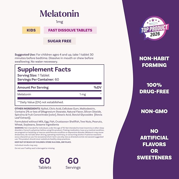Natrol Kids Fast Dissolve Melatonin 1 mg, Dietary Supplement for Restful Sleep, Sleep Tablets for Kids, 60 Sugar-Free Blue-Razz-Flavored Melatonin Tablets, 60 Day Supply
