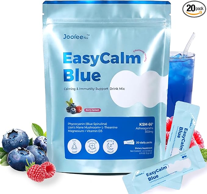 Easy Calm Blue - Calming Drink Mix with Magnesium KSM-66 Ashwagandha & Blue Spirulinac L-theanine Lion's Mane Mushroom GABA Vitamin D3 Supports Cortisol Balance Mood Sleep