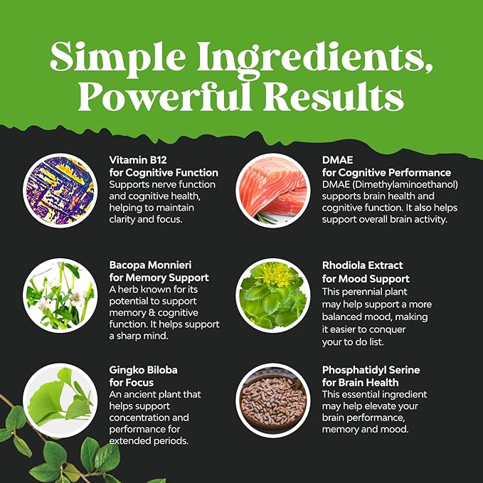 Bundle of Nootropic Memory Supplement with Vitamin B 12 Bacopa Monnieri Rhodiola Rosea DMAE Ginkgo Biloba and Mushroom Complex 10X Lions Mane with Reishi Chaga Maitake Shiitake for Brain Support