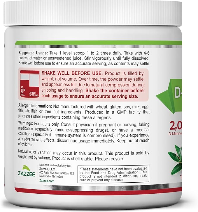 Zazzee D-Mannose Powder Plus, 2000 mg, 120 Servings, Plus 5 Billion CFU Probiotics and Pure Cranberry Juice Extract, Certified Kosher, Free Scoop, 11.94 oz, Urinary Tract Support, Non-GMO