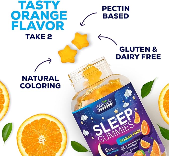 Sleep Gummies for Adults - Sugar Free Melatonin 6 MG Per Serving Gummy Supplement - Natural Zero Sugar Sleeping Gummy for Adults & Kids, Orange Flavored, Extra Strength Sleep Support - 60 Gummies