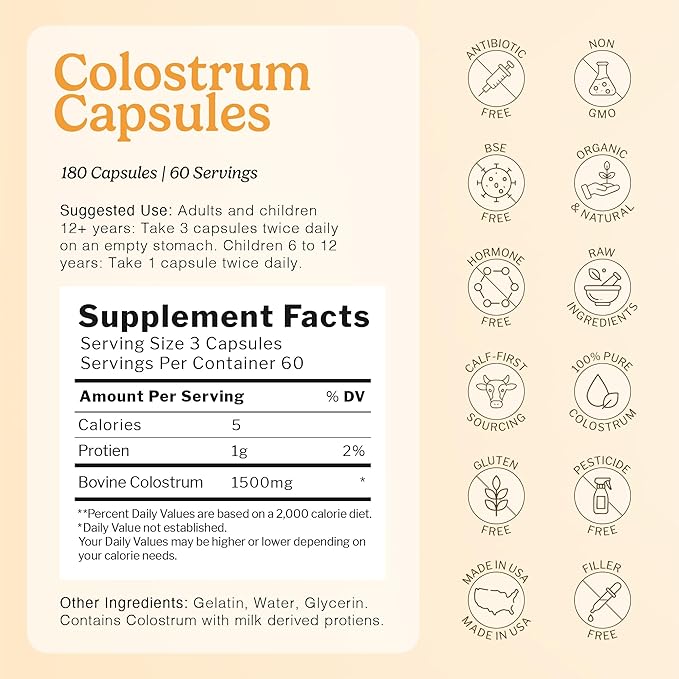 100% Pure Bovine Colostrum (Grass-Fed) | High IgG for Immune Support & Gut Health | Anti-Aging | Colostrum | 180 Capsules