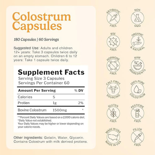 100% Pure Bovine Colostrum (Grass-Fed) | High IgG for Immune Support & Gut Health | Anti-Aging | Colostrum | 180 Capsules