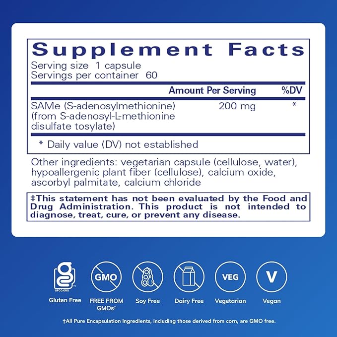 Pure Encapsulations SAMe S-Adenosylmethionine 180's - Supports Joint Health & Glutathione Production* - Gluten Free & Non-GMO - 60 Capsules