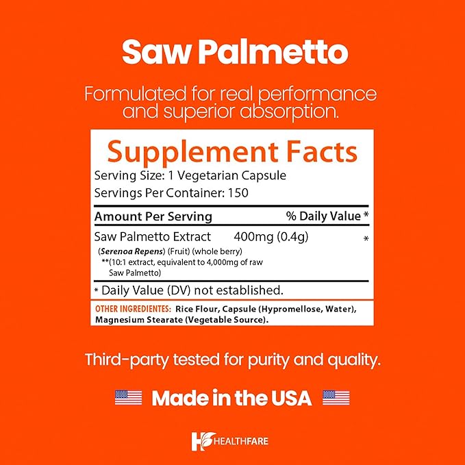 Healthfare Saw Palmetto for Men & Women | Extract 4000mg | 150 Vegan Capsules | Extra Strength Herbal Supplement | Supports Prostate, Urinary, Hair & DHT Balance | Non-GMO, Gluten-Free | Made in USA