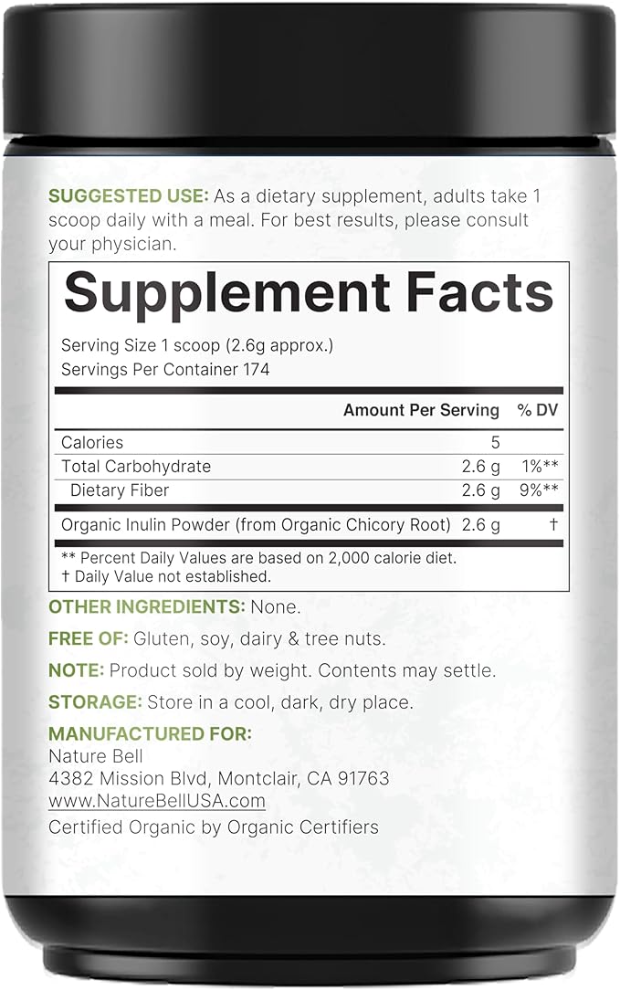 NatureBell Organic Inulin Prebiotic Fiber Powder, 1lb | Natural Chicory Root Source – Easily Mixes with Coffee or Smoothies – Fiber Supplement for Women & Men – Non-GMO, Vegan Friendly, Gluten Free