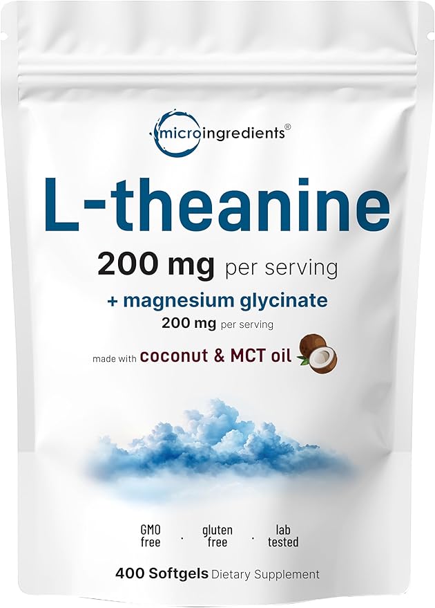 L-Theanine 200mg with Magnesium Glycinate, 400 Coconut MCT Oil Softgels | 2-in-1 Amino Acid & Mineral Complex | Gentle Care All Day & Night