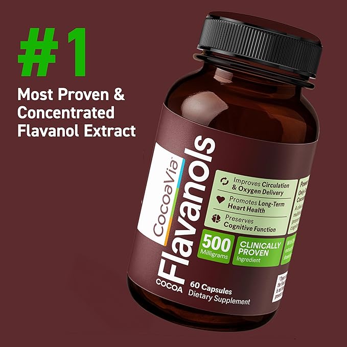 CocoaVia Cardio Health Supplement, 60 Day, 500mg Cocoa Flavanols, Support Heart Health, Boost Nitric Oxide, Blood Circulation, Energy, Vegan, Dark Chocolate, 120 Capsules