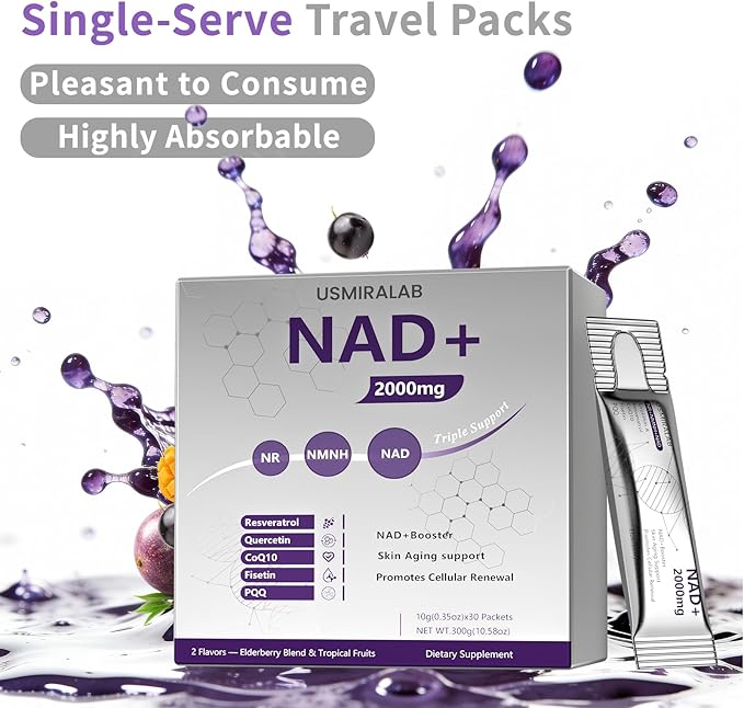 NAD+ Supplement Packets | 1000mg Liquid | Advanced Nicotinamide Riboside, Trans-Resveratrol, PQQ & Quercetin Complex for Cellular Energy & Healthy Aging Support - 2 Flavors (30 Count)