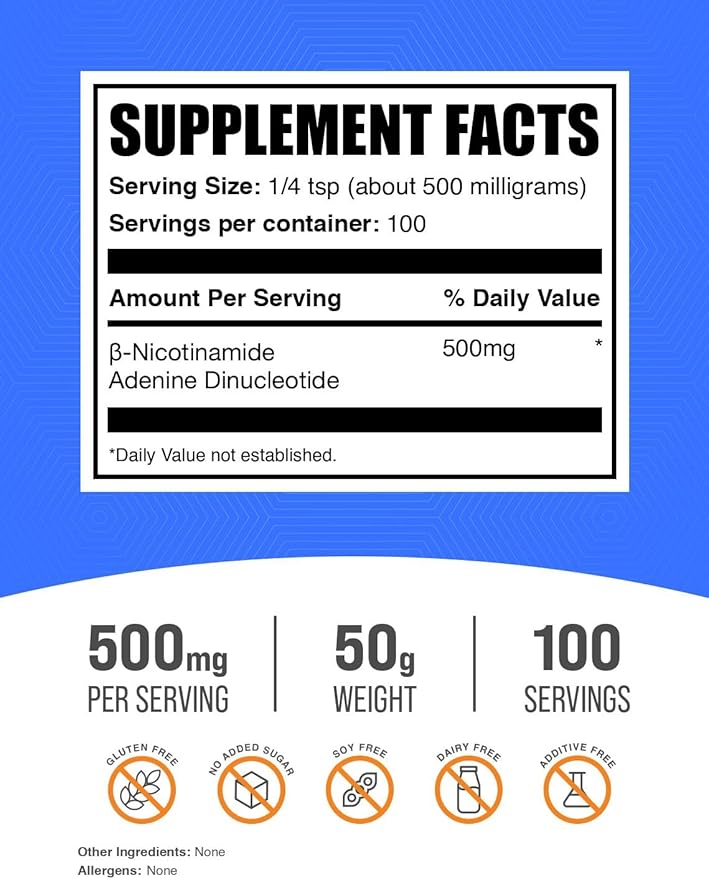 BulkSupplements.com NAD Powder - Nicotinamide Adenine Dinucleotide, NAD Supplement 500mg - for Energy Support, Pure & Gluten Free, 500mg per Serving, 50g (1.8 oz) (Pack of 1)
