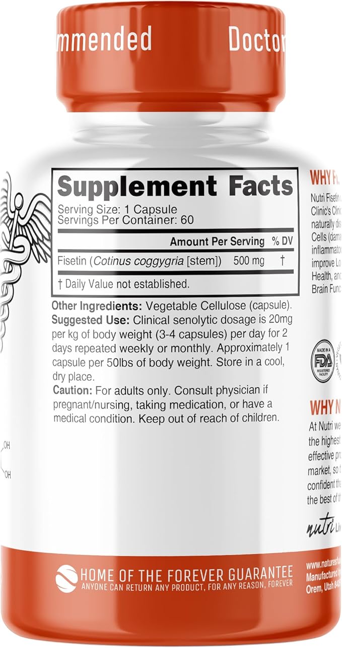 Nutri Fisetin 500mg 60 Count - Clinical Dosage - Fisetin Supplements - Powerful Senolytic Activator, Antioxidant, Heart & Brain Support - Natural Polyphenols - Capsules - 3rd Party Tested for Purity