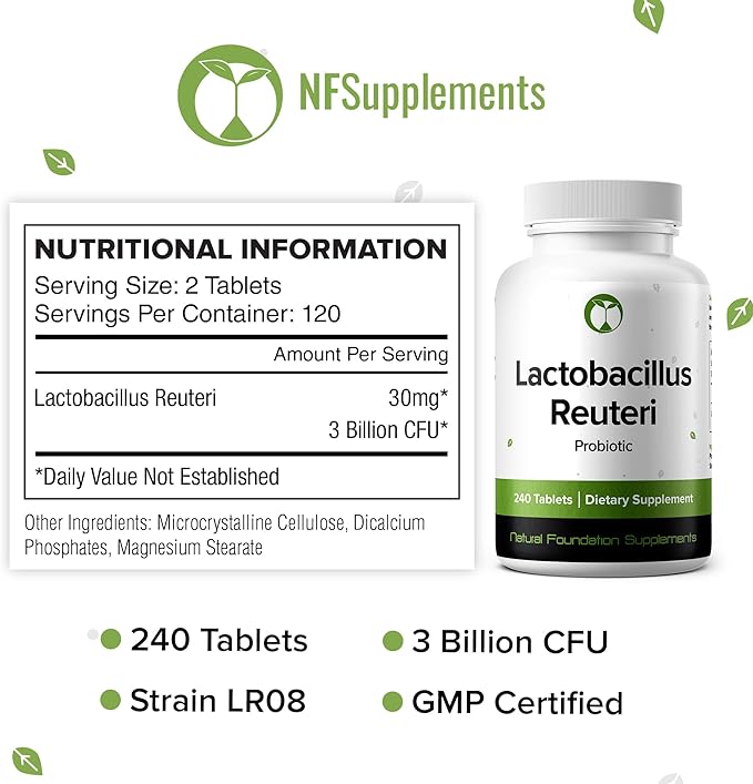 Lactobacillus Reuteri Probiotic 240 Tablets (4 Month Supply) – Researched Strain LR08 – 3 Billion CFU – Digestive Health & Gut Comfort – GMP Certified (240, Lactobacillus Reuteri)