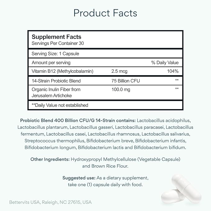 Bettervits Probiotics for Women & Men – 75 Billion CFU | Digestive Health and Gut Support Prebiotic | 14 Clinically Studied Strains with Vitamin B12, Lactobacillus and Inulin Fiber | 30 Capsules