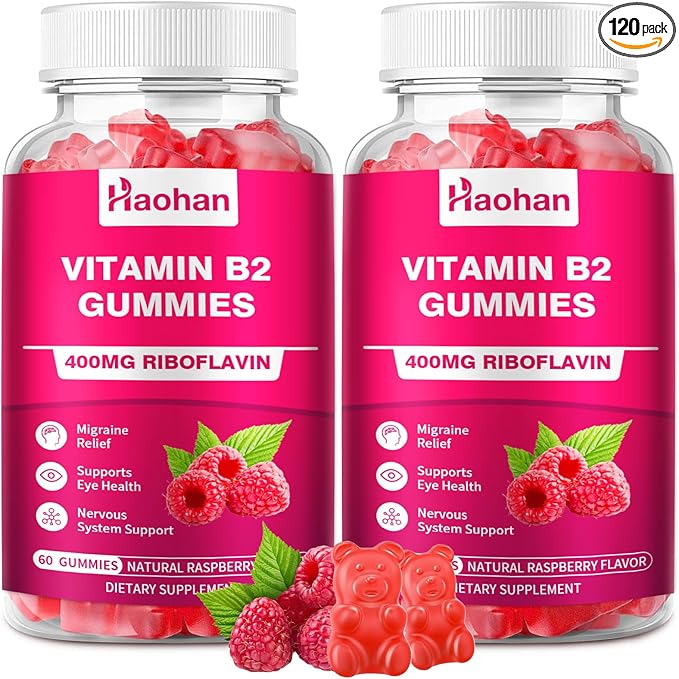 Haohan Vitamin B2 400mg with Magnesium Gummies for Migraine and Nervous System Support in Sugar-Free Vegan Raspberry Flavor, 120 Count for Adults and Kids