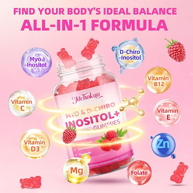 Myo-Inositol & D-Chiro Inositol Gummies, Ideal 40:1 Ratio Supplement for Women with Vitamin D3 & B12 for Support Hormonal Balance & Wellness, Sugar Free, Raspberry, 120 Count