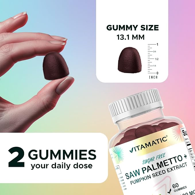 Vitamatic Saw Palmetto & Pumpkin Seed Gummies – Sugar-Free Botanical Extract – Natural Raspberry Flavor – Vegan, Non-GMO, Plant-Based Gummies – 60 Count