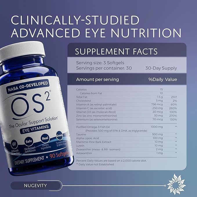 OS2 Ocular Support Solution - Patented Eye Vitamins for Macular Health, Dry Eye and Blue Light - Lutein, Zeaxanthin, Omega 3, Astaxanthin and AREDS2 Supplements, Co-Developed by NASA, 90 ct