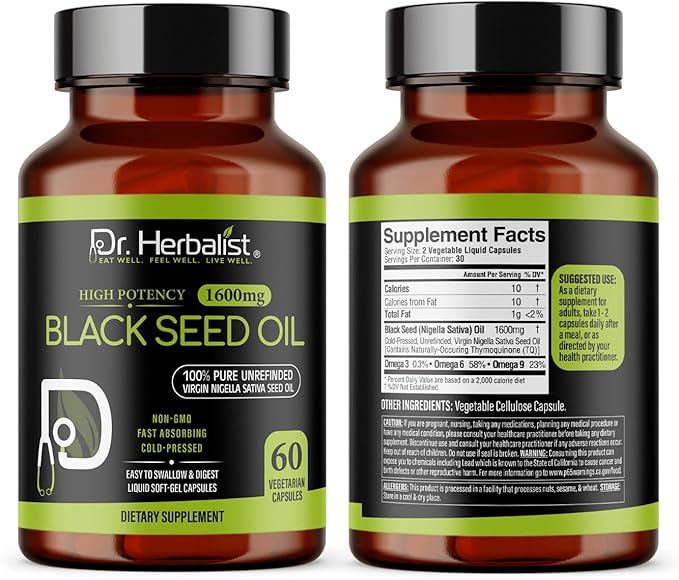 Dr. HERBALIST Black Seed Oil Capsules 1600mg - Cold Pressed Nigella Sativa Softgels with Thymoquinone | Supports Overall Wellness & Immune Vitality* | Halal, Non-GMO | 60ct