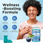 Iron Gummies for Women & Men - Iron Supplement with Vitamin B6, B12, C, Zinc, Folate for Adults & Kids - Support Iron Deficiency, Anemia, Energy Boost, Blood Builder - Sugar Free Vegan 60ct Blueberry