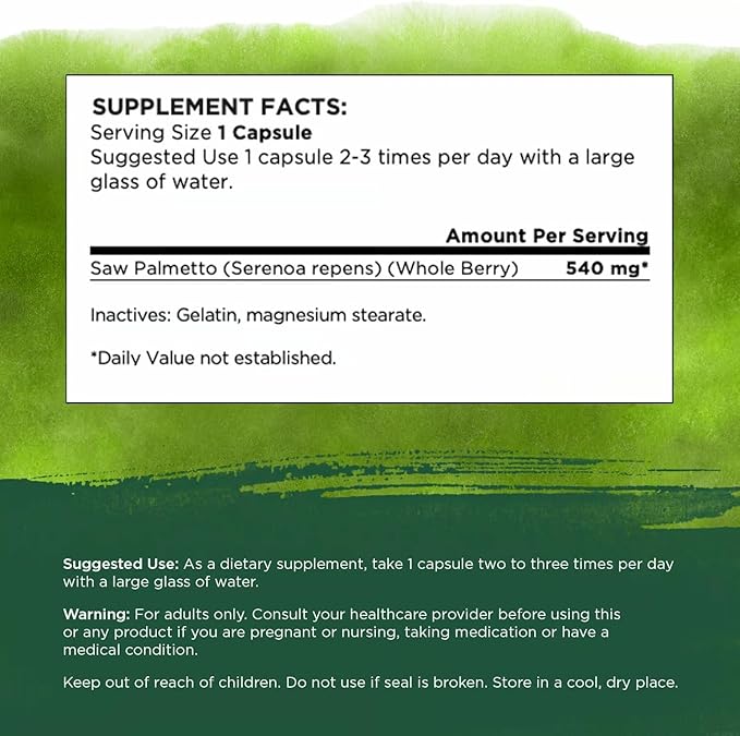 Swanson Saw Palmetto Full Spectrum Herbal Supplement for Men Seeking Prostate, Hair, and Urinary Health Support - 540 mg (100 Vegan Capsules, 2 Pack)