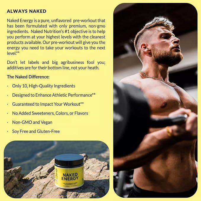 NAKED Energy - Pure Pre Workout Powder for Men and Women, NSF Certified, Vegan, Unflavored, Healthy Pre Workout - No Added Sweeteners, Colors Or Flavors - 50 Servings