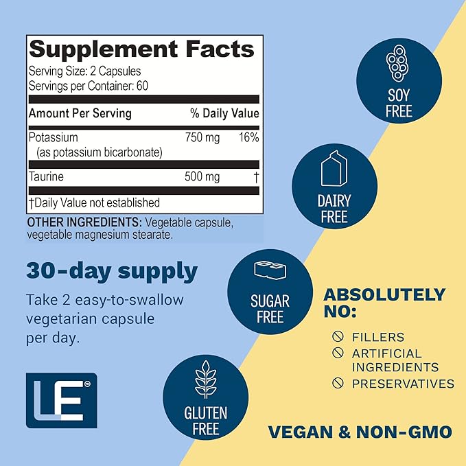 Life Enhancement High Potency Potassium Supplement Cardio synergestic Formula, 750mg Potassium/500 mg Taurine Supports and optimizes Cardiovascular Health Made in USA (120 Capsules – 60 Servings)