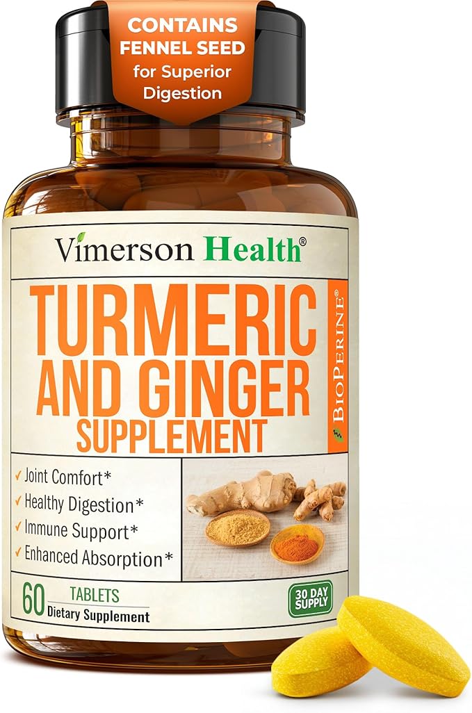 Turmeric Curcumin Supplement with Ginger Root for Joint Support, Digestive & Gut Health - Contains Organic Turmeric Curcumin with Black Pepper (Bioperine) for Enhanced Absorption - 60 Tablets