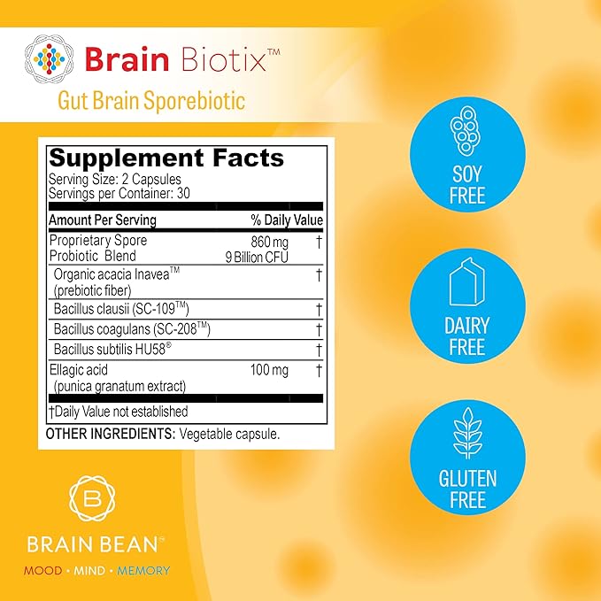 Brain Bean Brain Biotix | Gut and Brain Spore-Based Probiotic and Prebiotic | 30 Servings