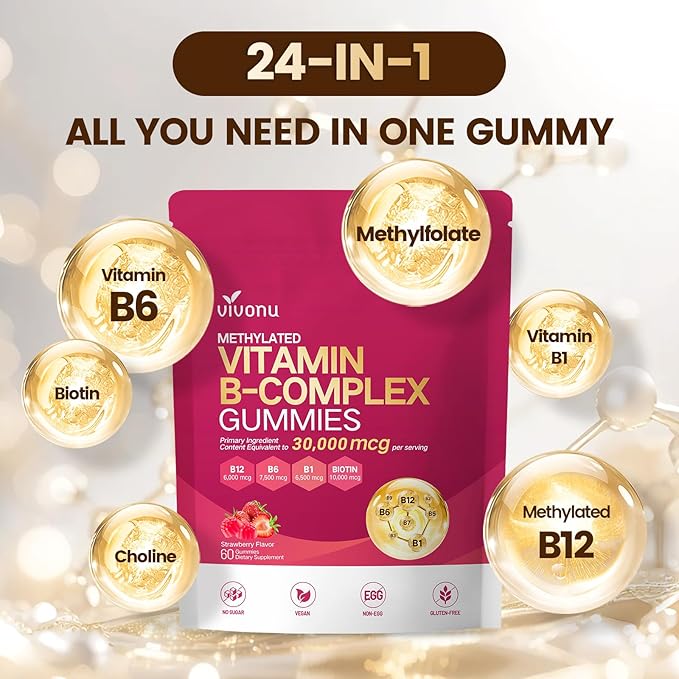VivoNu Vitamin B6 Gummies for Women & Men, with Vitamins B12, B1, B3, B5, A, C, D, E, Folate, Choline, Inositol, Complex Vitamin B for Energy, Natural Ingredient, Sugar Free & Non GMO